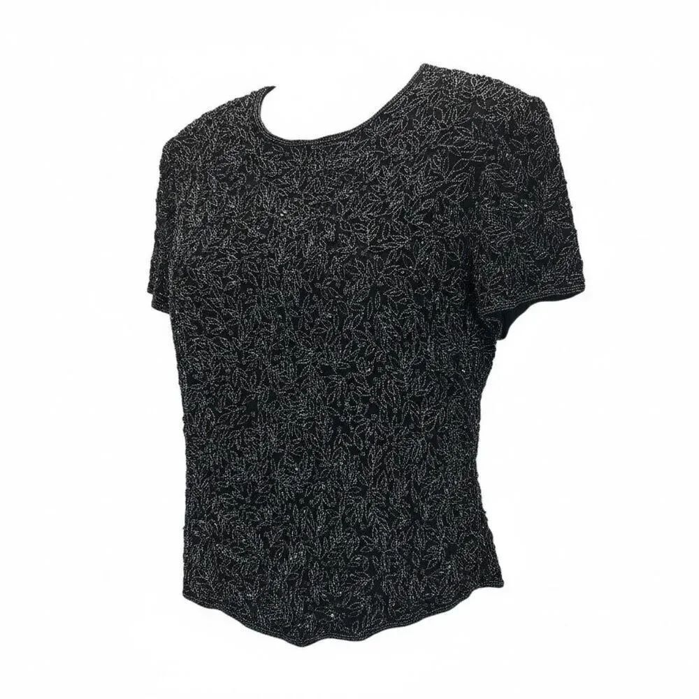 Papell Boutique Evening Black Beaded Holiday 100% Silk M Hand Beaded Blouse